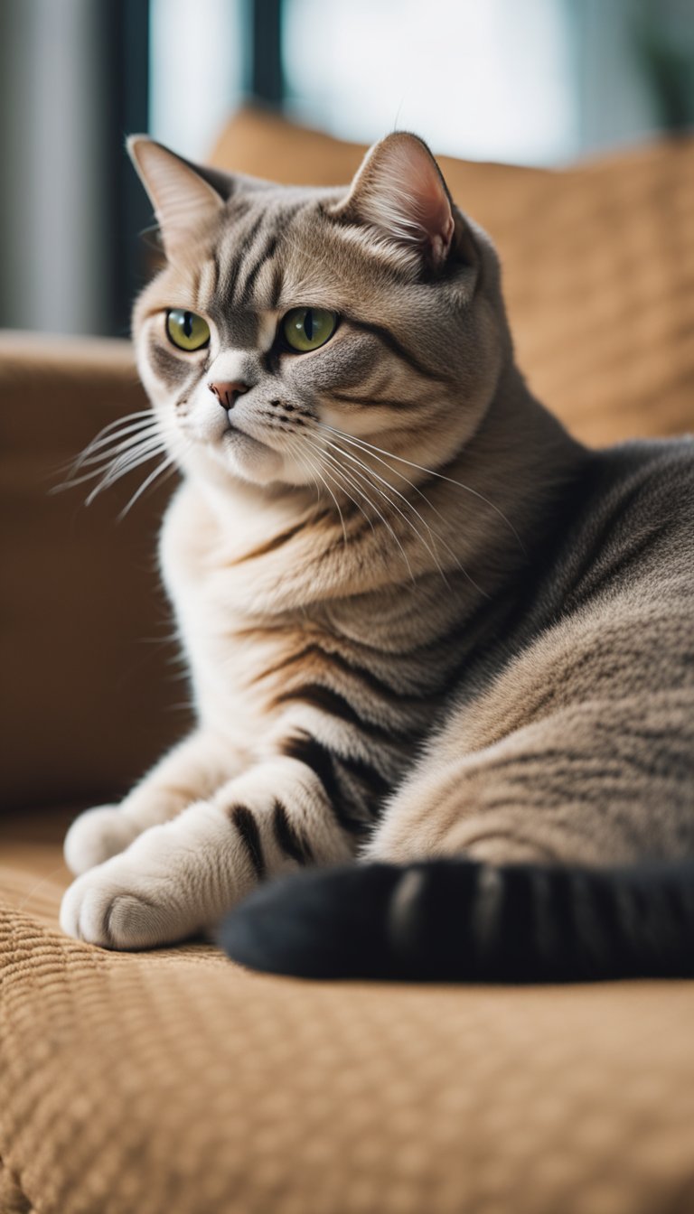 An Exotic Shorthair cat lounging on a cushioned surface, surrounded by various short-haired cat breeds