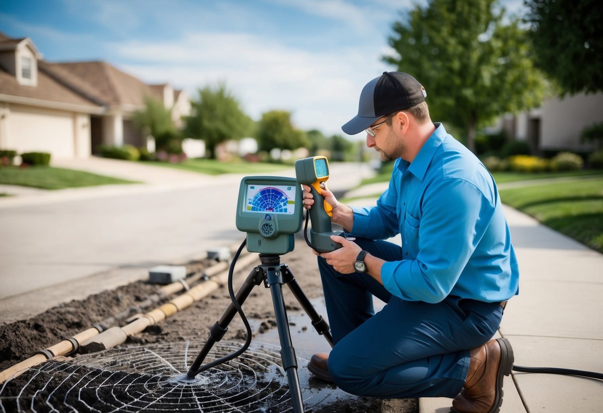 A technician using a ground-penetrating radar to detect underground water leaks near a residential area