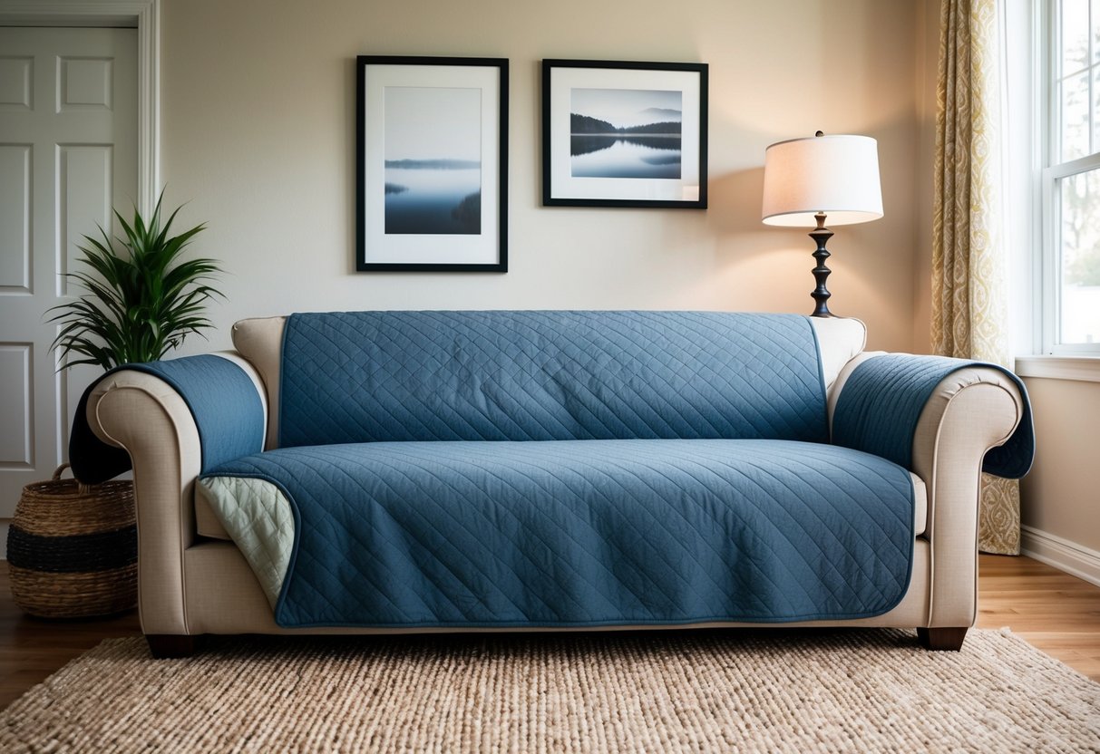 A cozy living room with a large, comfortable sofa covered in a stylish, durable fabric designed to protect against dog hair, stains, and scratches