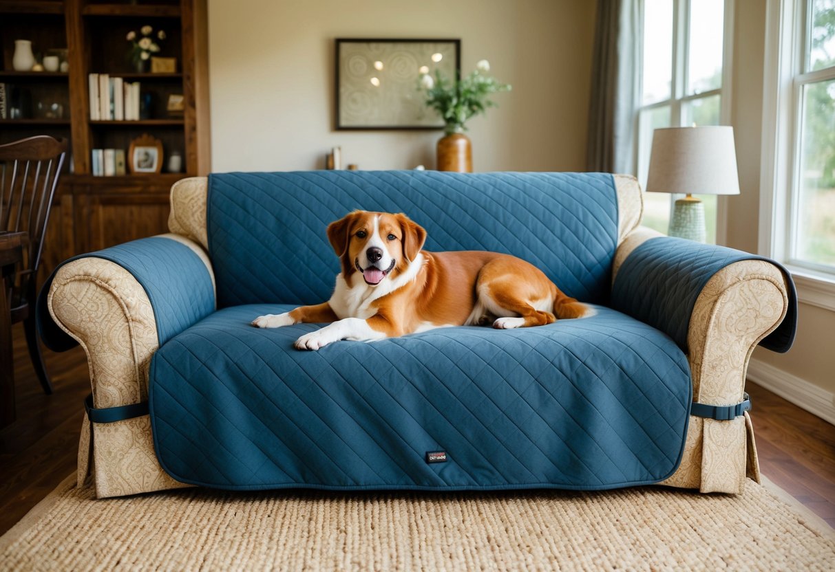 A cozy living room with a stylish sofa and armchair covered in protective, durable fabric. A happy dog lounges comfortably on the furniture covers, keeping the upholstery safe from scratches and fur