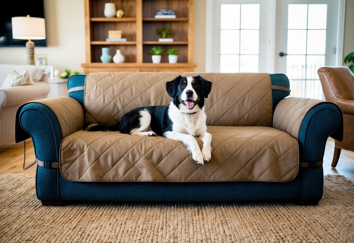 A cozy living room with a large, comfortable sofa covered in a stylish and durable furniture cover designed specifically for dogs, with a happy dog lounging on top