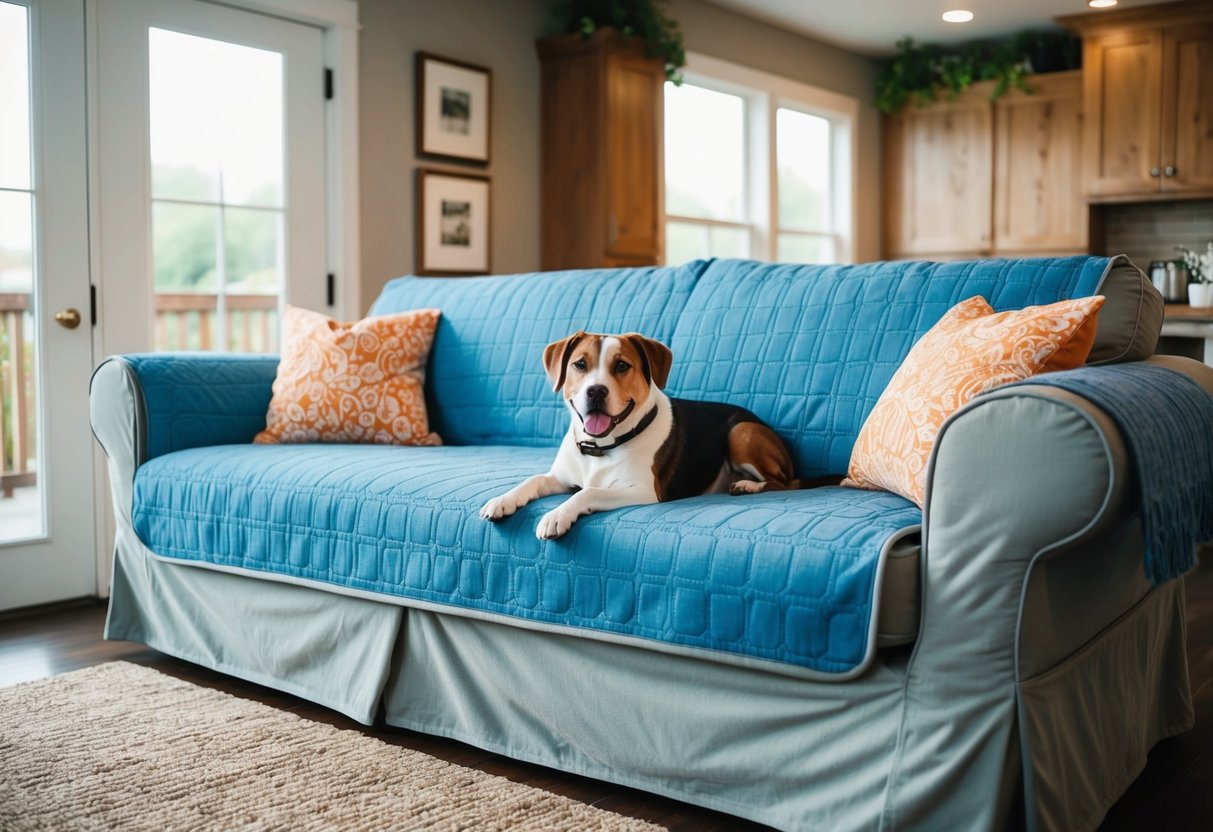 A cozy living room with a large, comfortable sofa covered in a durable, pet-friendly fabric. A happy dog lounges on the couch, surrounded by other pet-friendly furniture covers