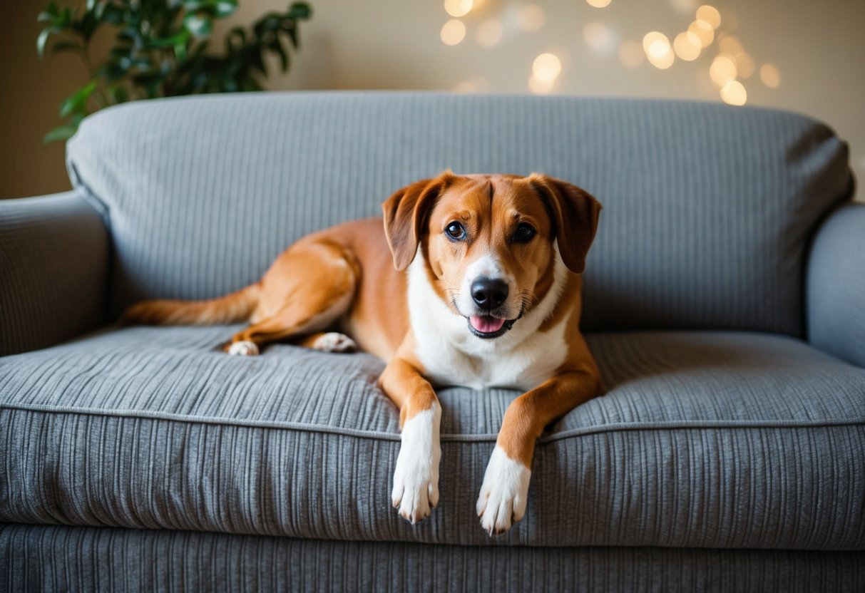 A dog lounges on a couch, covered with a protective furniture cover. The cover is fitted snugly and securely, with no loose fabric for the dog to pull at