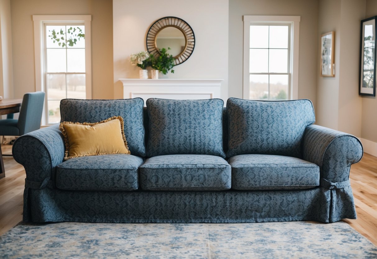 A cozy living room with a large, comfortable sofa covered in a stylish, durable fabric that is resistant to dog hair and stains