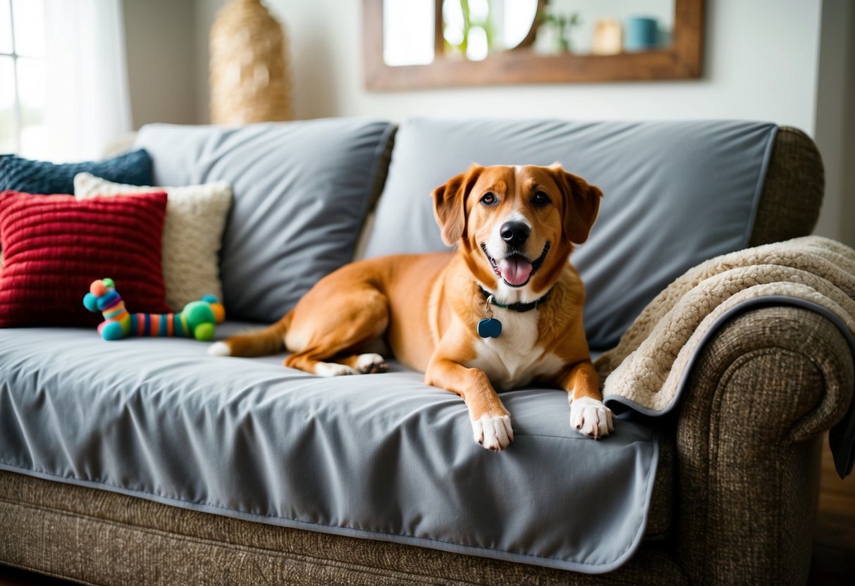 A happy dog lounging on a sofa covered with a protective furniture cover, surrounded by toys and a cozy blanket