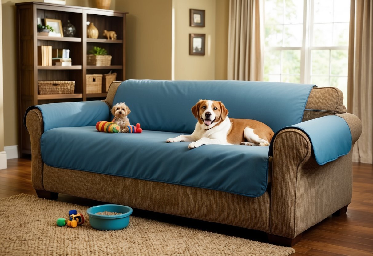 A cozy living room with a comfortable sofa covered in a protective, stylish furniture cover. A happy dog lounges on the cover, surrounded by toys and a water bowl