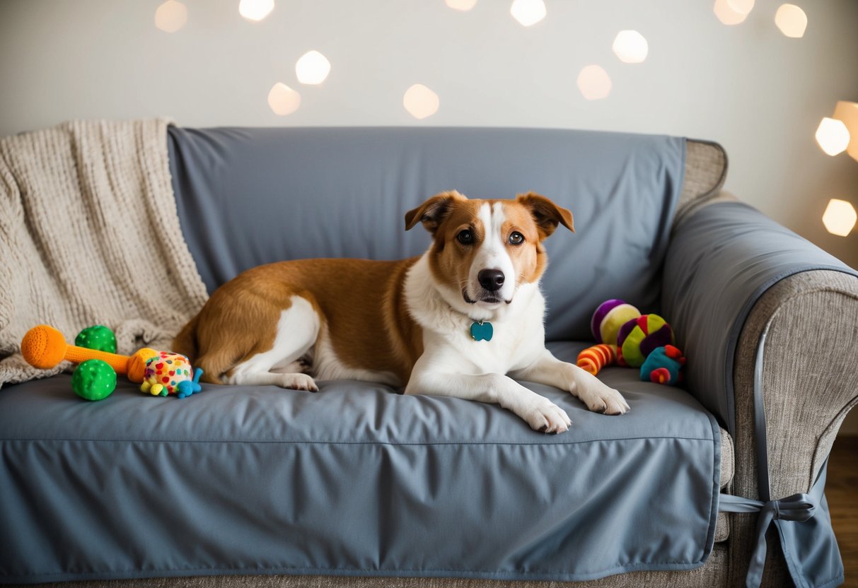 A dog lounges on a sofa covered with a protective furniture cover, surrounded by toys and a cozy blanket