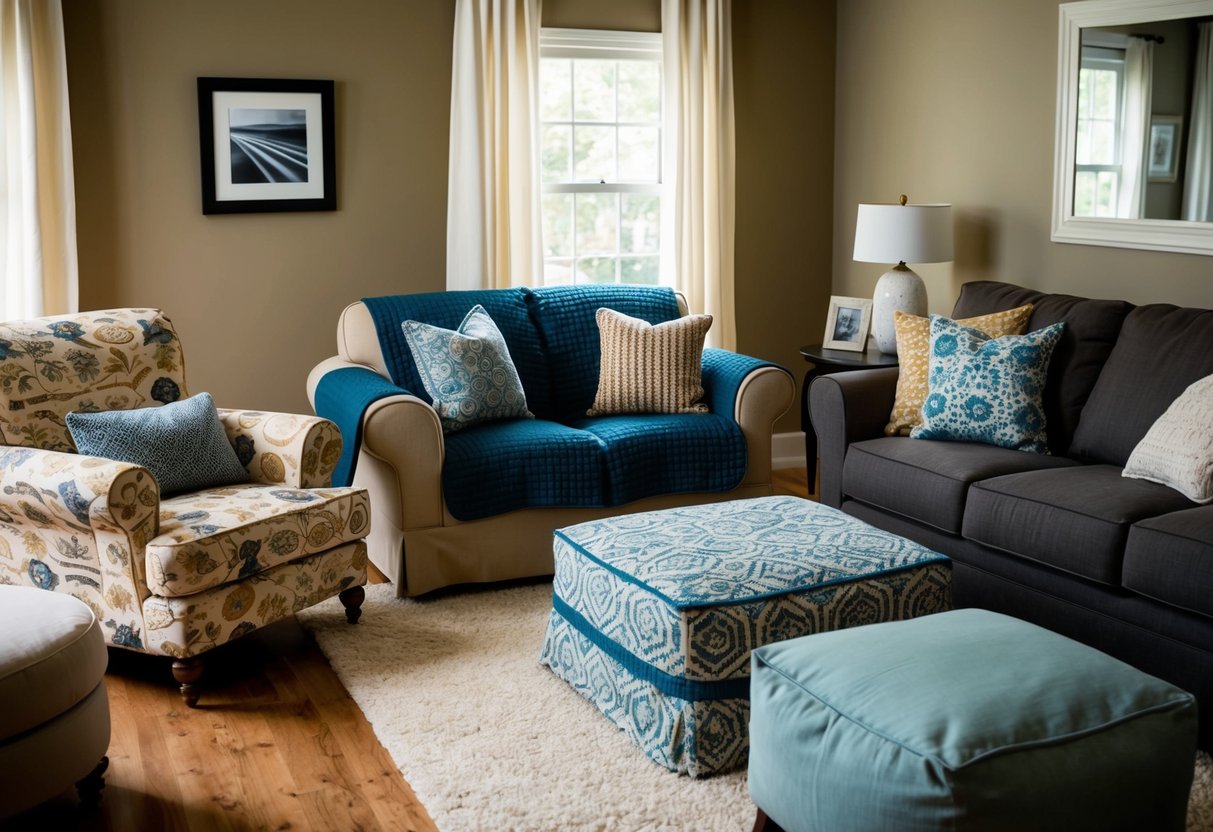 A cozy living room with a variety of furniture covers in different colors and patterns, neatly displayed on a couch, chair, and ottoman