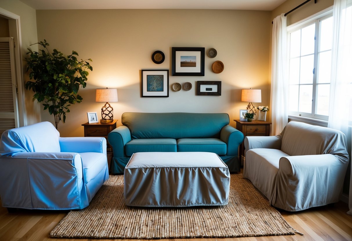 A cozy living room with a variety of furniture covers displayed on different pieces of furniture, showcasing the options available for protection and style