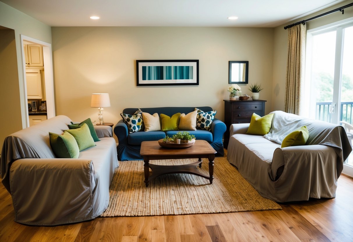 A cozy living room with a variety of furniture, including sofas, chairs, and tables, all covered with different types of furniture covers to protect them from wear and tear