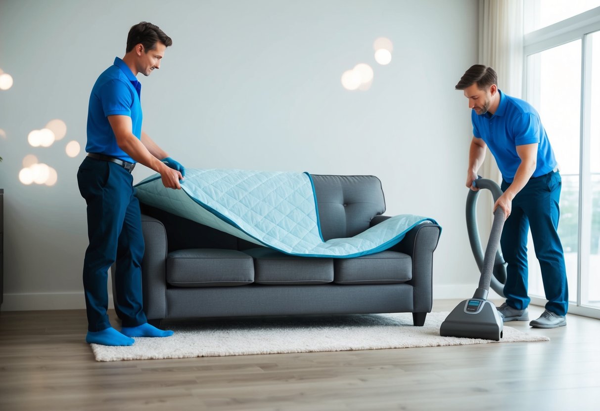 A person placing a protective cover over a sofa, while another person uses a vacuum to clean underneath a chair