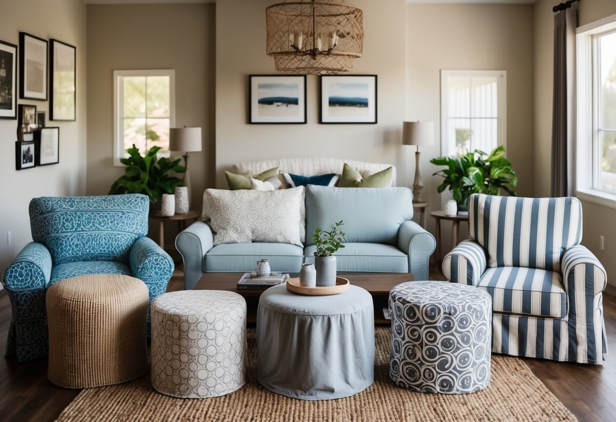 A cozy living room with a variety of furniture covers displayed on a table, with different patterns and sizes to choose from