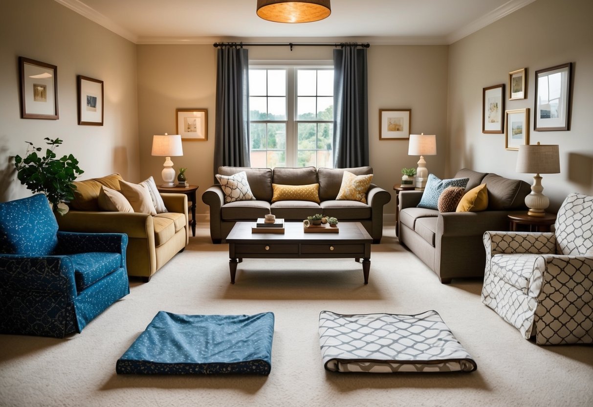 A cozy living room with various furniture pieces and different types of furniture covers displayed for comparison