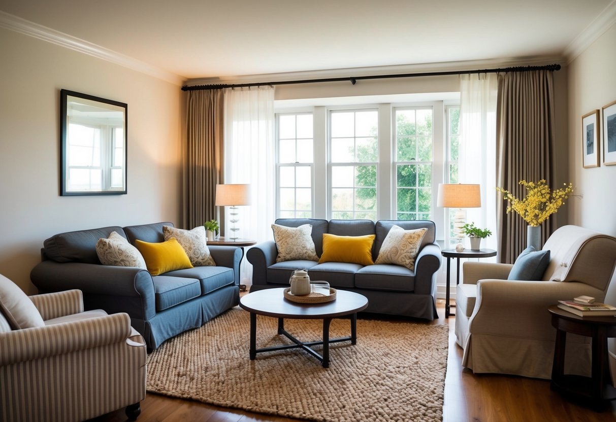 A cozy living room with a variety of furniture covers displayed on a stylish sofa, armchair, and coffee table. Bright natural light streams in through the window, creating a warm and inviting atmosphere