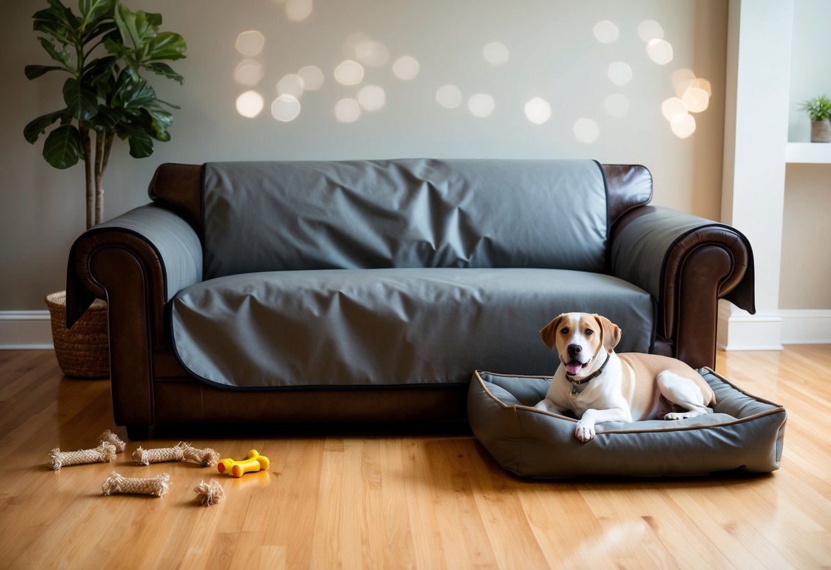 A dog-proof cover draped over a leather sofa, with chew toys scattered nearby and a well-behaved dog lying on a nearby dog bed