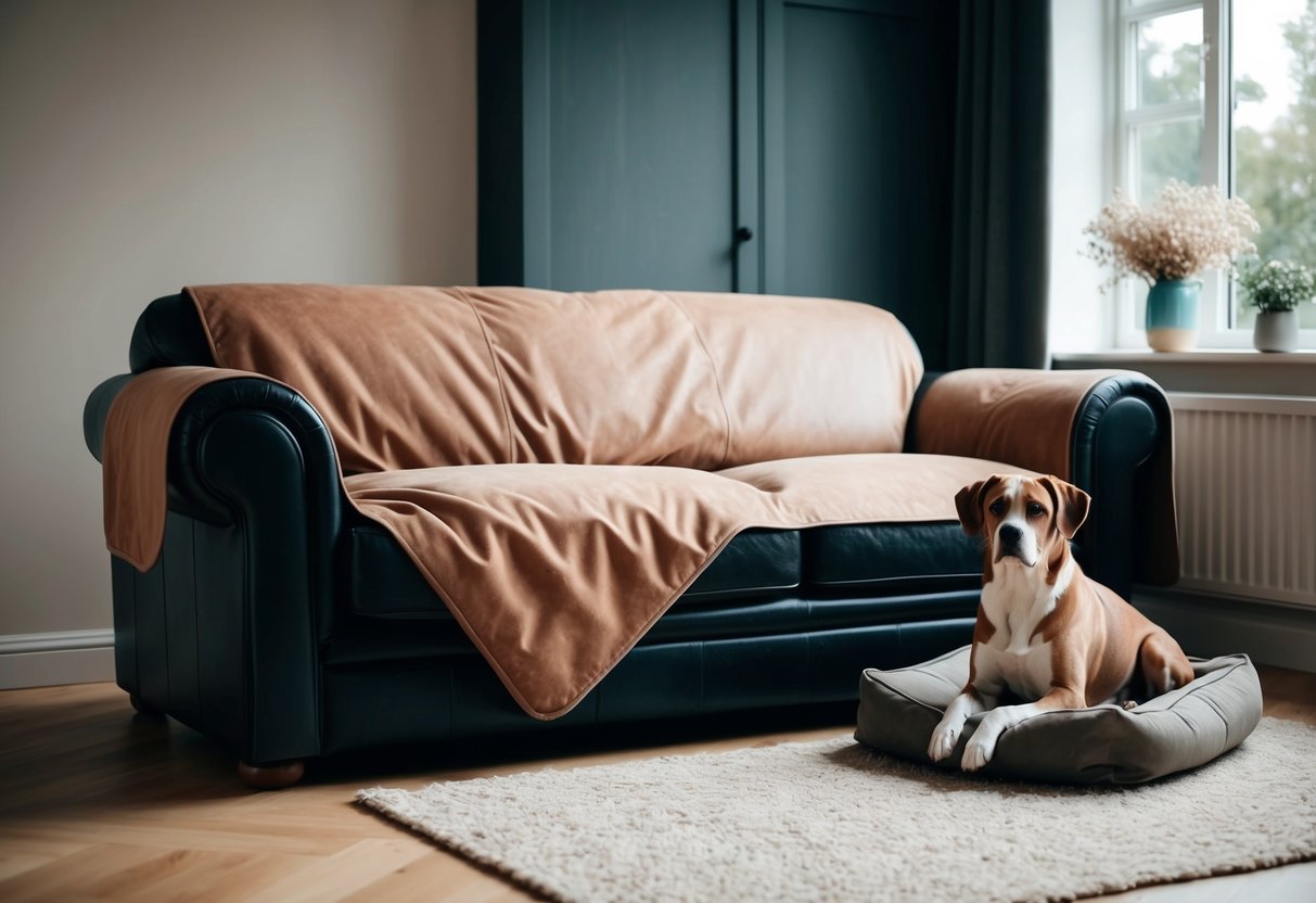 A leather sofa with a protective cover draped over it, while a dog sits nearby on a cozy pet bed