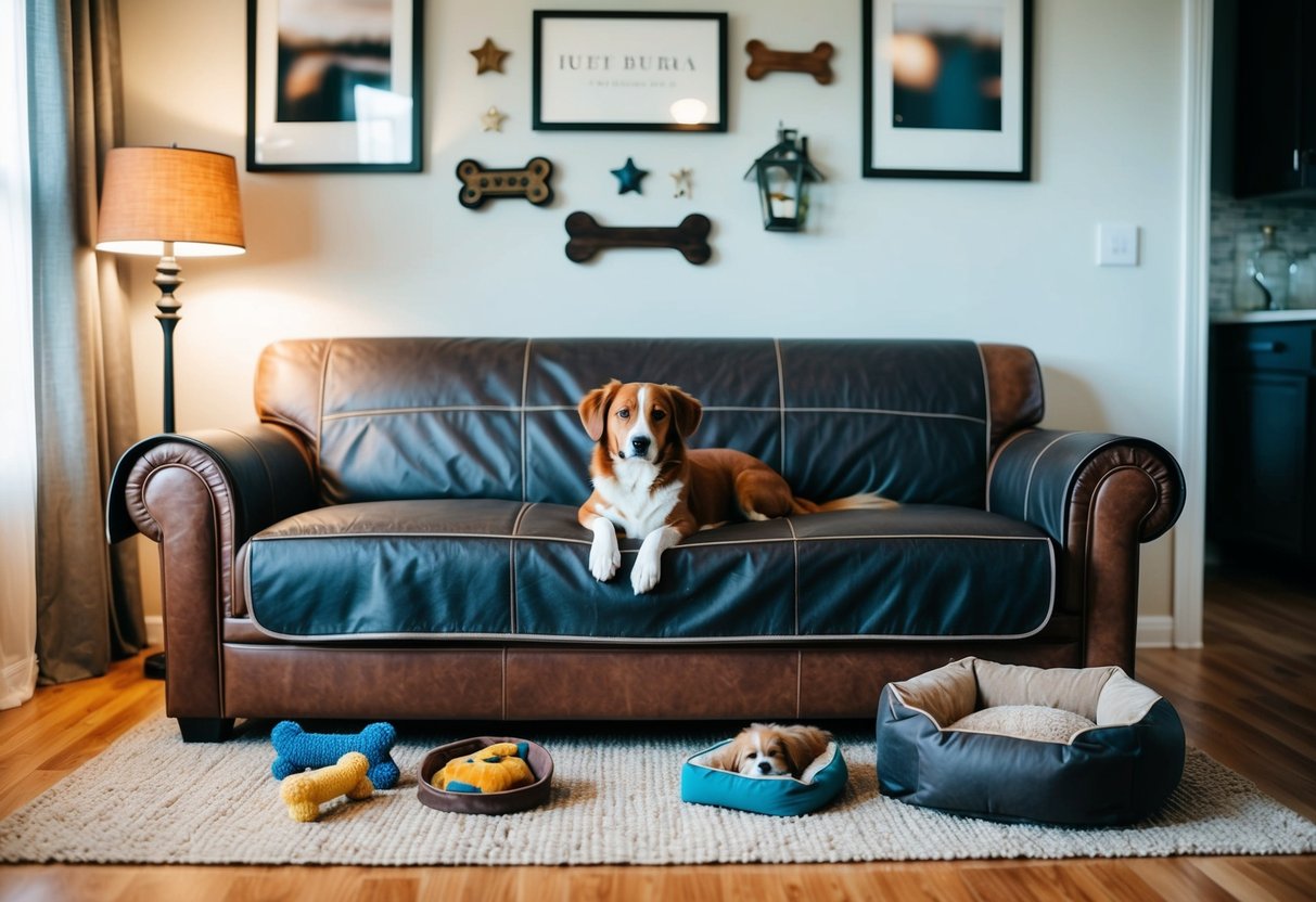 A leather couch with a protective cover, surrounded by dog toys and a dog bed in a well-lit living room