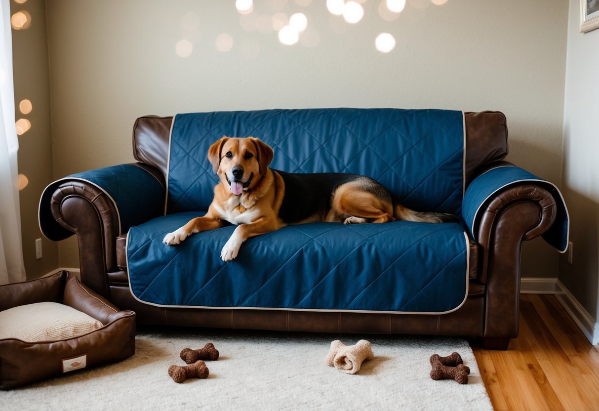 A leather couch covered with a protective, water-resistant slipcover. A dog bed placed nearby with chew toys scattered around the room