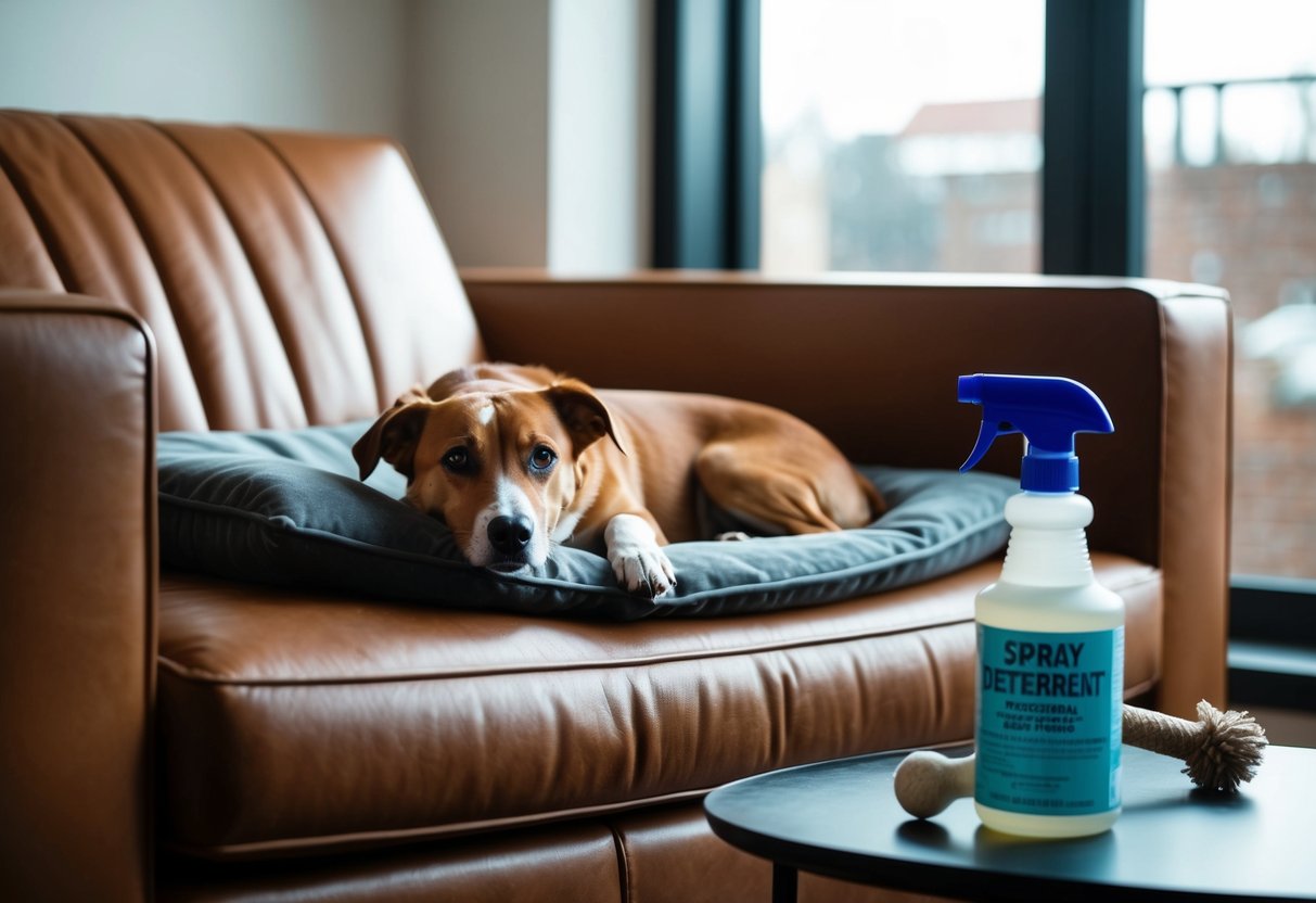 A dog lying on a comfortable dog bed next to a leather couch, with a chew toy nearby and a spray bottle of deterrent on the table