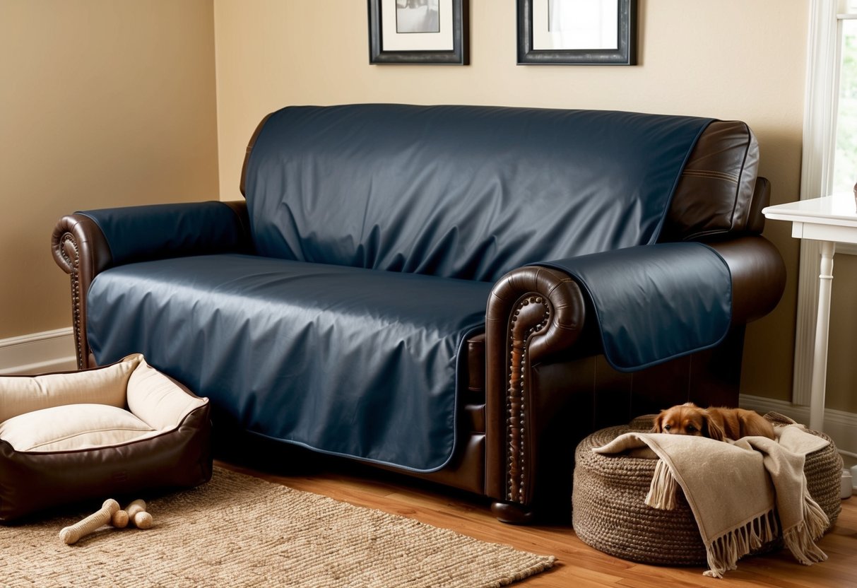 A leather couch covered with a waterproof, machine washable slipcover. A large dog bed placed nearby with chew toys and a blanket