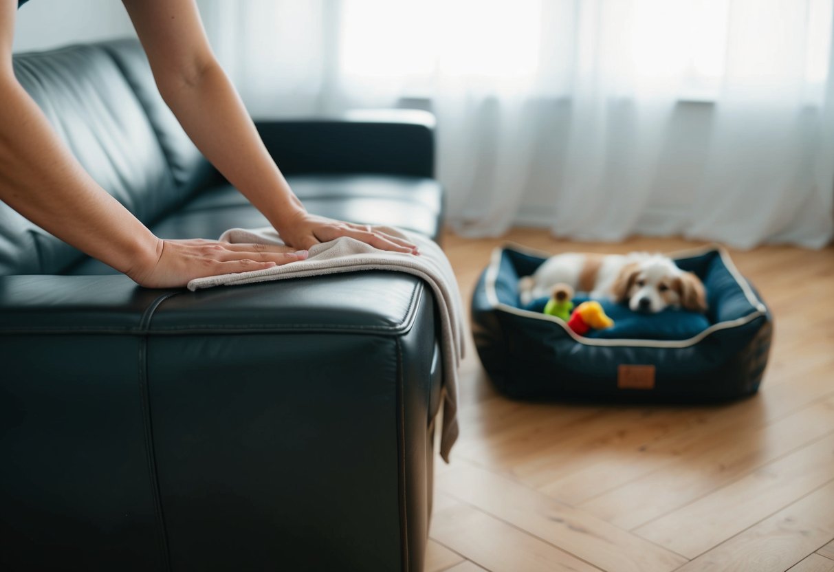 A leather couch being wiped down with a soft cloth, while a dog bed with toys is placed nearby