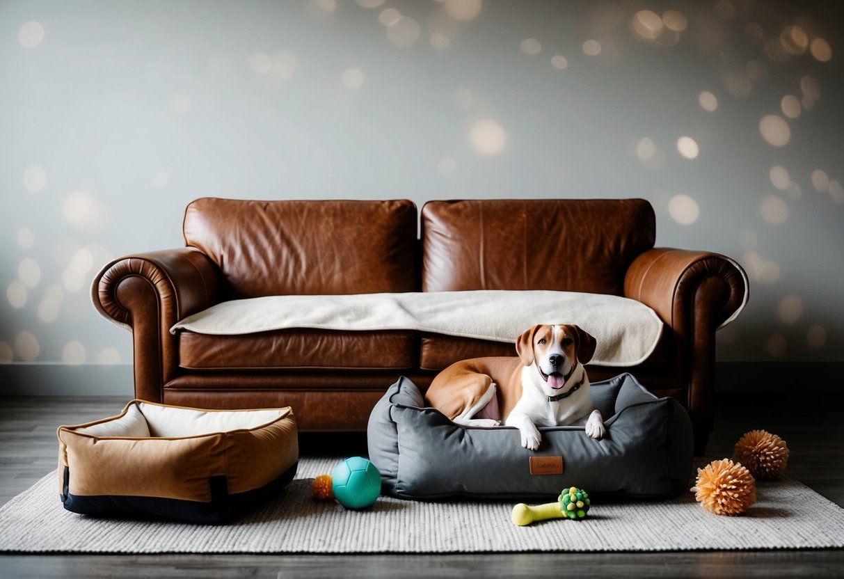 A leather sofa with a protective cover, surrounded by dog toys and a chew-proof dog bed