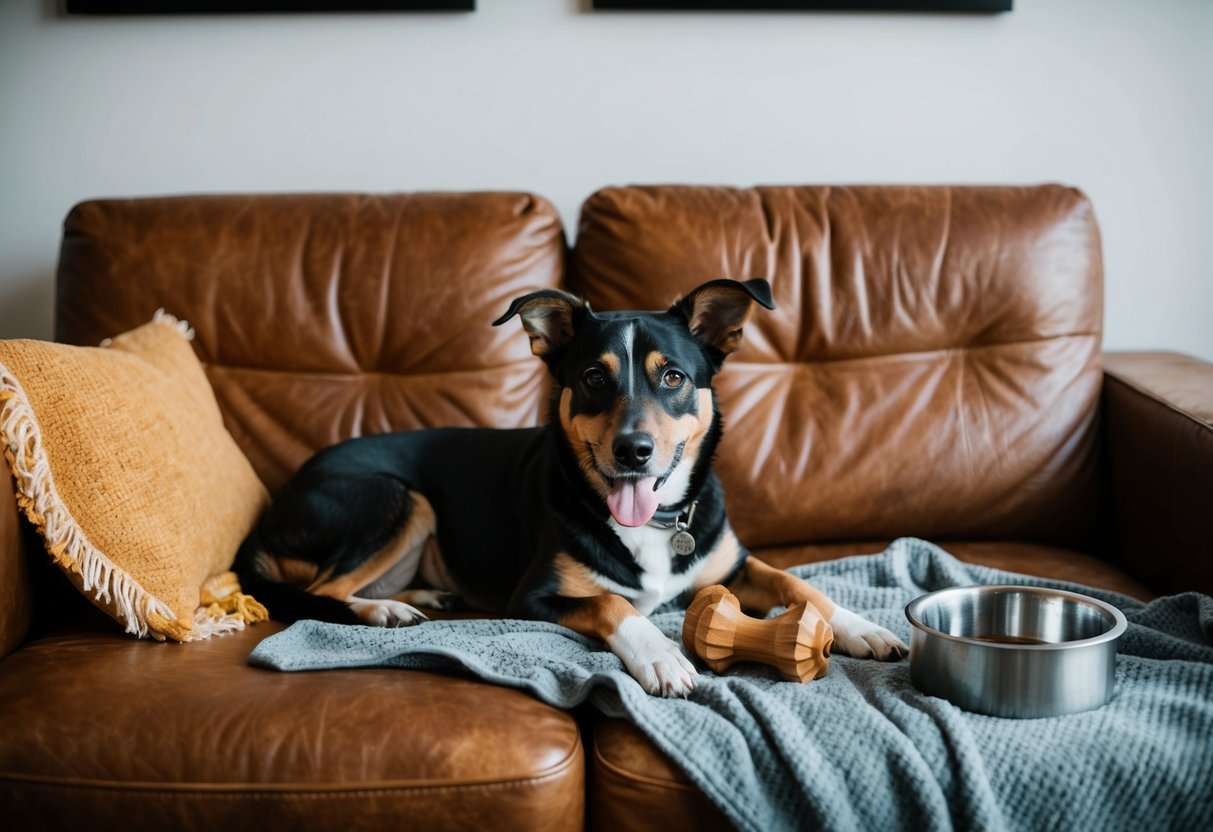 A dog lying on a comfortable leather couch, surrounded by chew toys, a blanket, and a water bowl