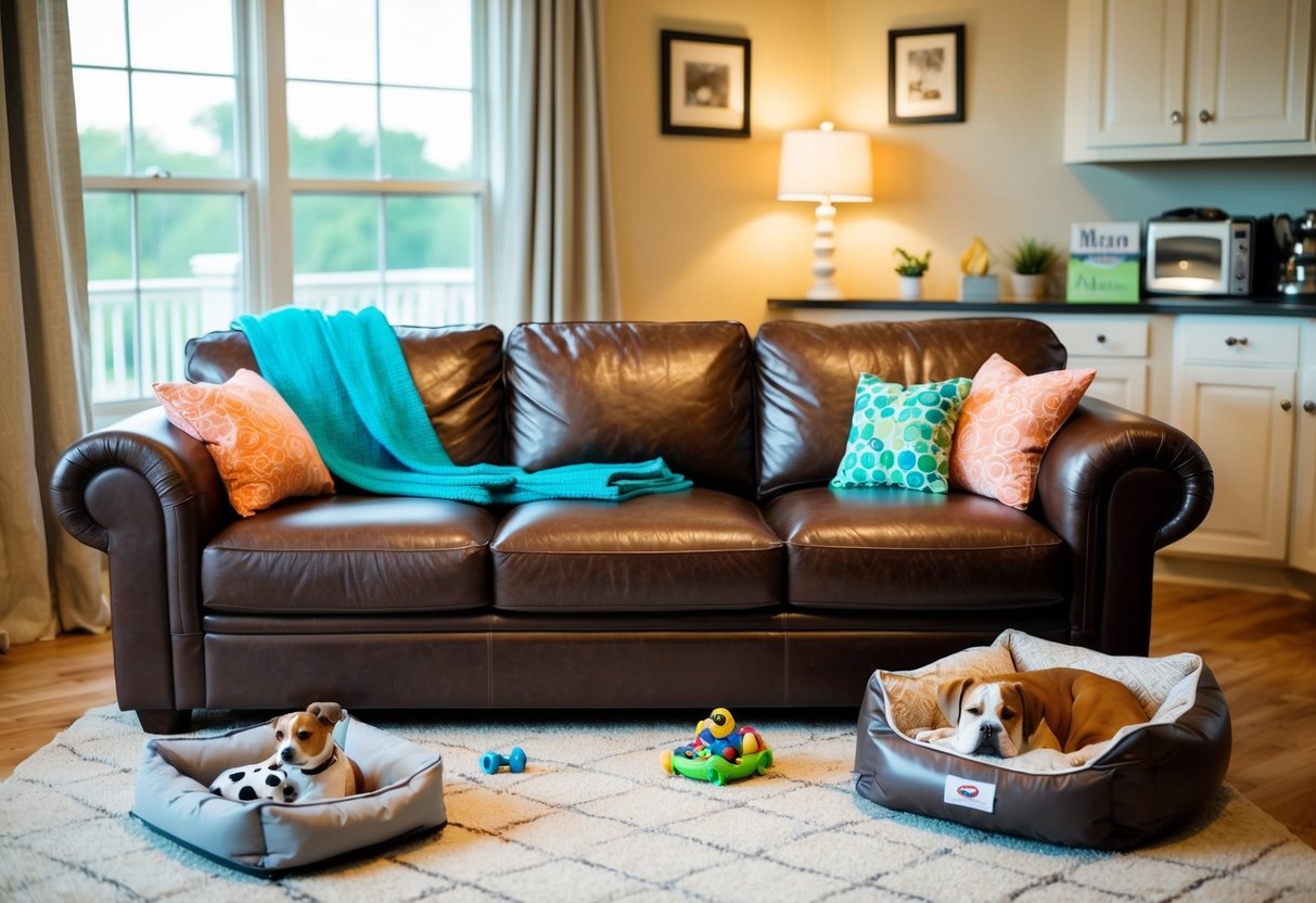 A cozy living room with a large leather sofa, adorned with colorful, washable blankets and pillows. A dog bed and toys are scattered around the room