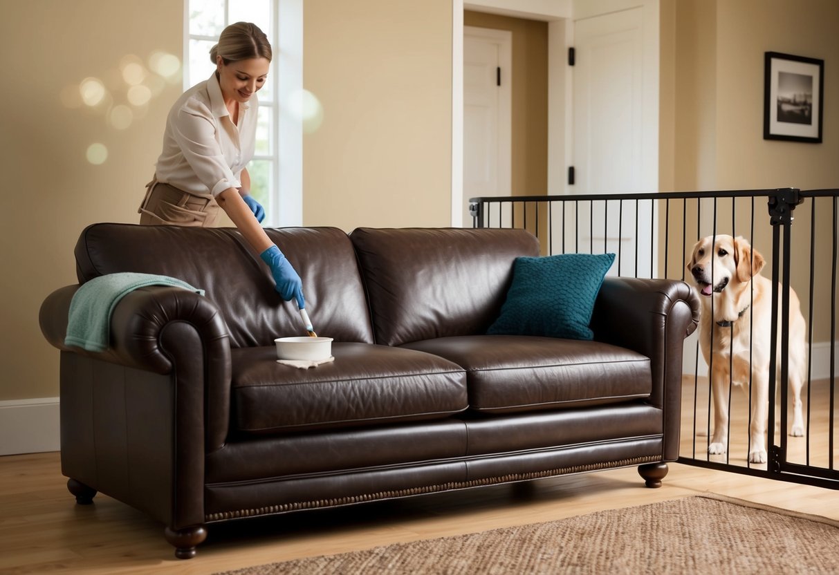 A leather sofa is being treated with protective cream while a dog is kept away by a gate