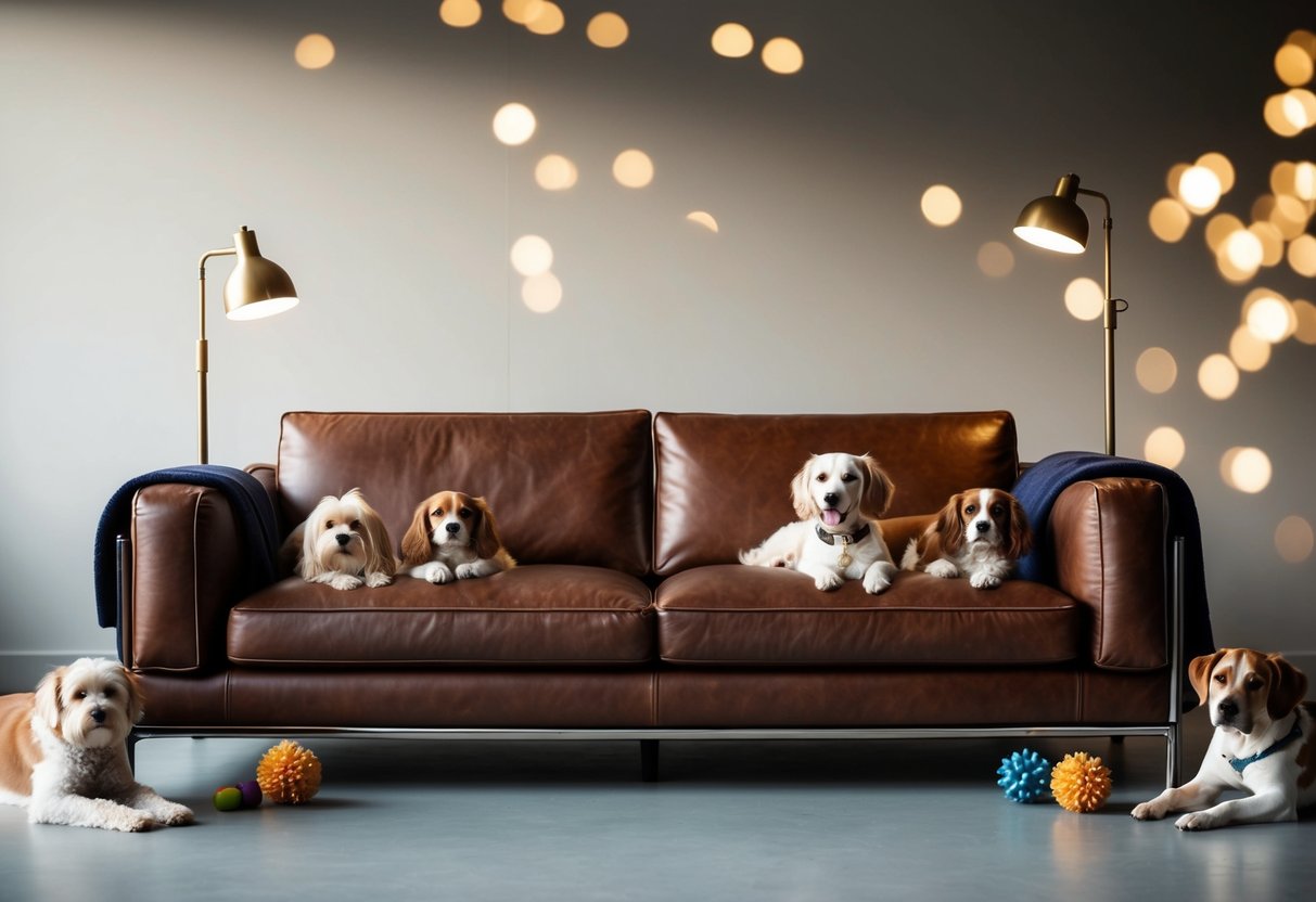 A sleek leather couch with a durable, stylish cover, surrounded by playful dogs and their toys