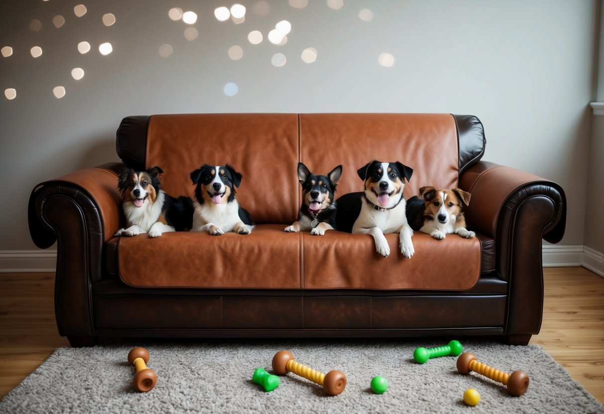 A leather sofa with a protective cover, surrounded by playful dogs and chew toys