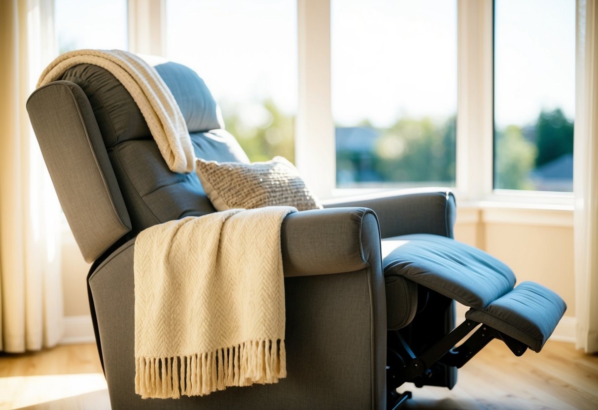 A recliner sits in a sunlit room, draped with a soft throw blanket and surrounded by a few decorative pillows. The fabric is clean and free of any visible wear or stains