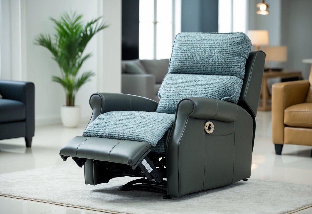 A recliner made of various materials (leather, fabric, etc.) displayed in a clean and well-lit room, with a focus on its durability and maintenance