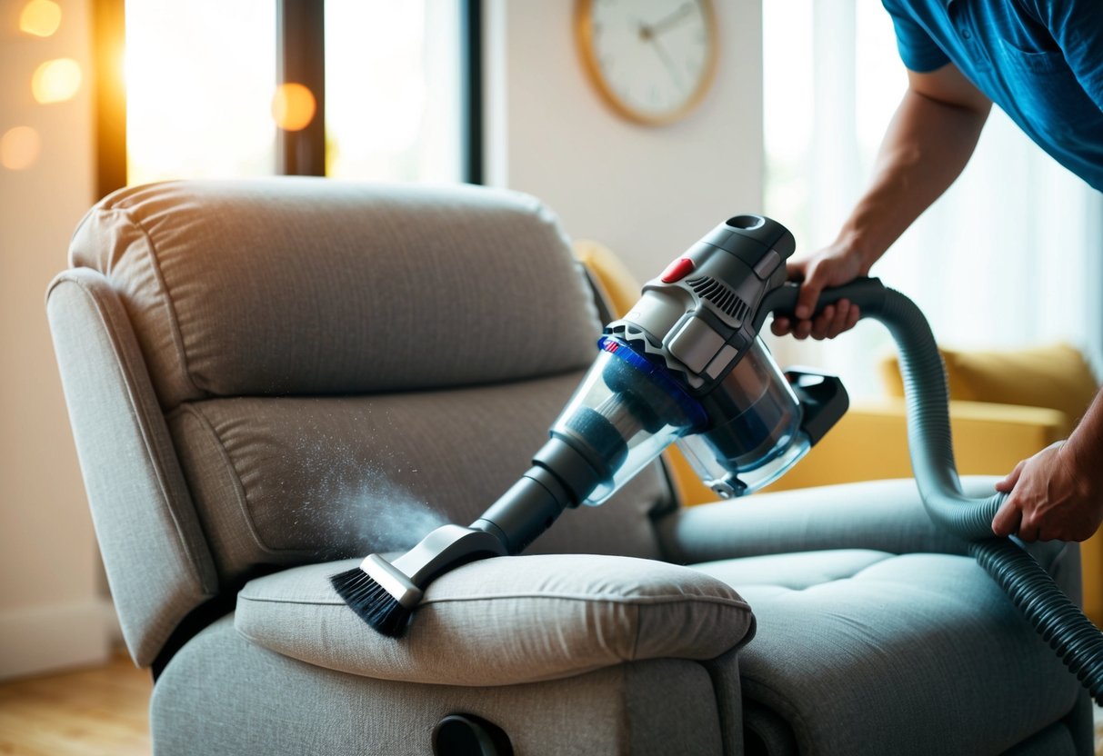 A person using a vacuum cleaner to remove dust and debris from the surface of a recliner, while using a fabric brush to remove any stains or marks