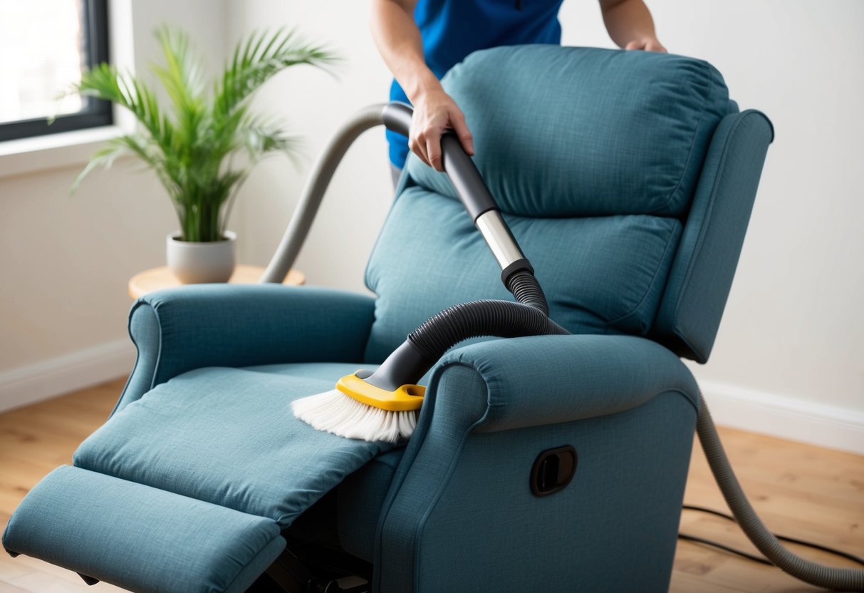 A recliner being thoroughly cleaned with a vacuum, upholstery cleaner, and a soft brush, with cushions removed and fabric scrubbed