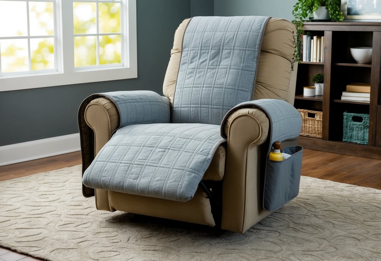 A recliner covered with a fitted slipcover, surrounded by pet and spill-proof barriers, with a storage caddy hanging from the armrest