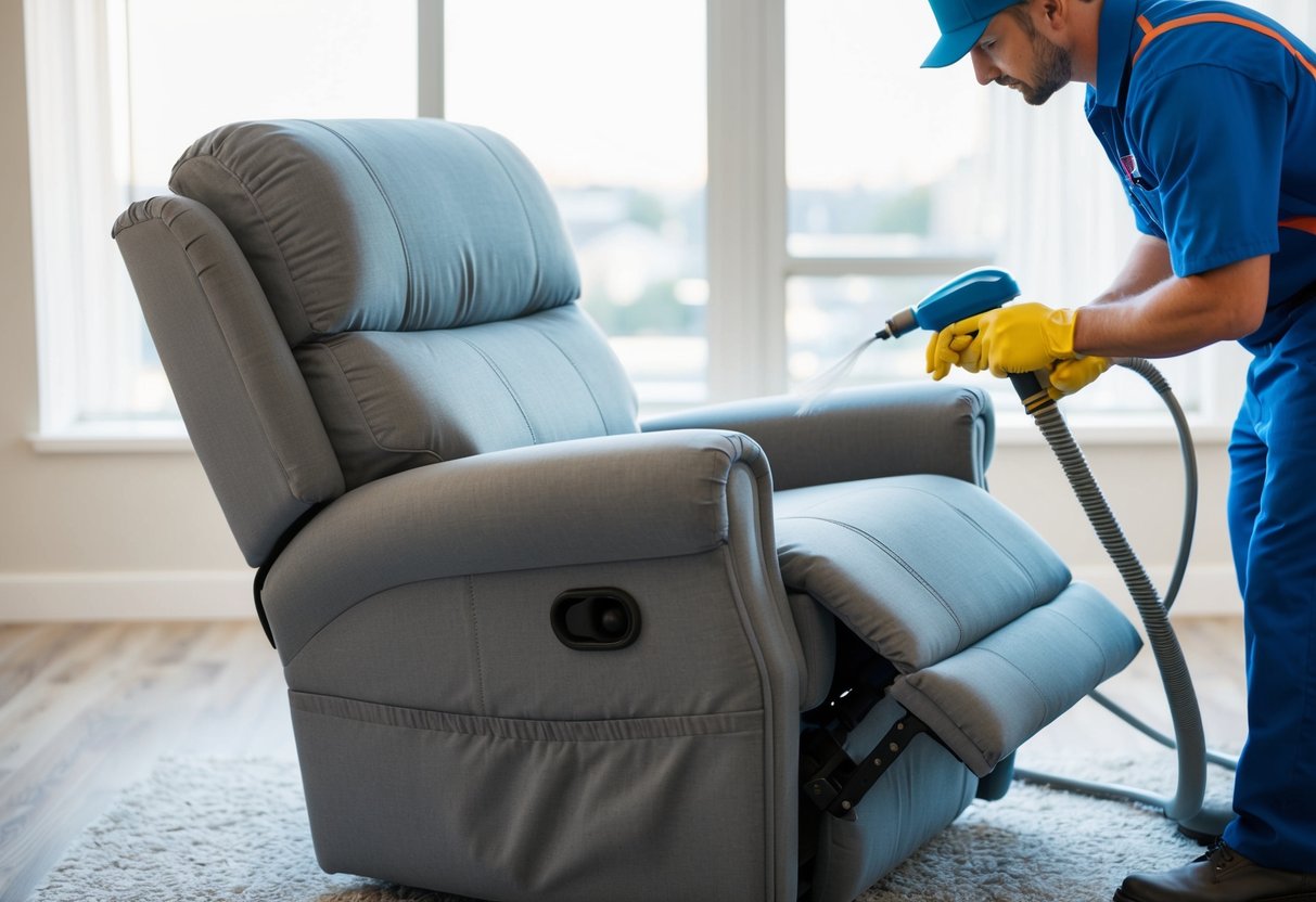 A recliner being professionally cleaned and maintained, with a technician using specialized tools and products to keep it looking like new