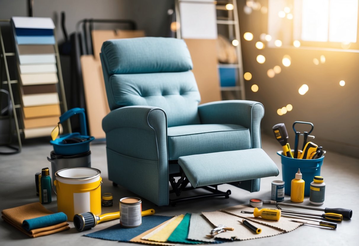 A recliner chair surrounded by various tools and materials for repair and touch-ups, including paint, fabric swatches, and screwdrivers