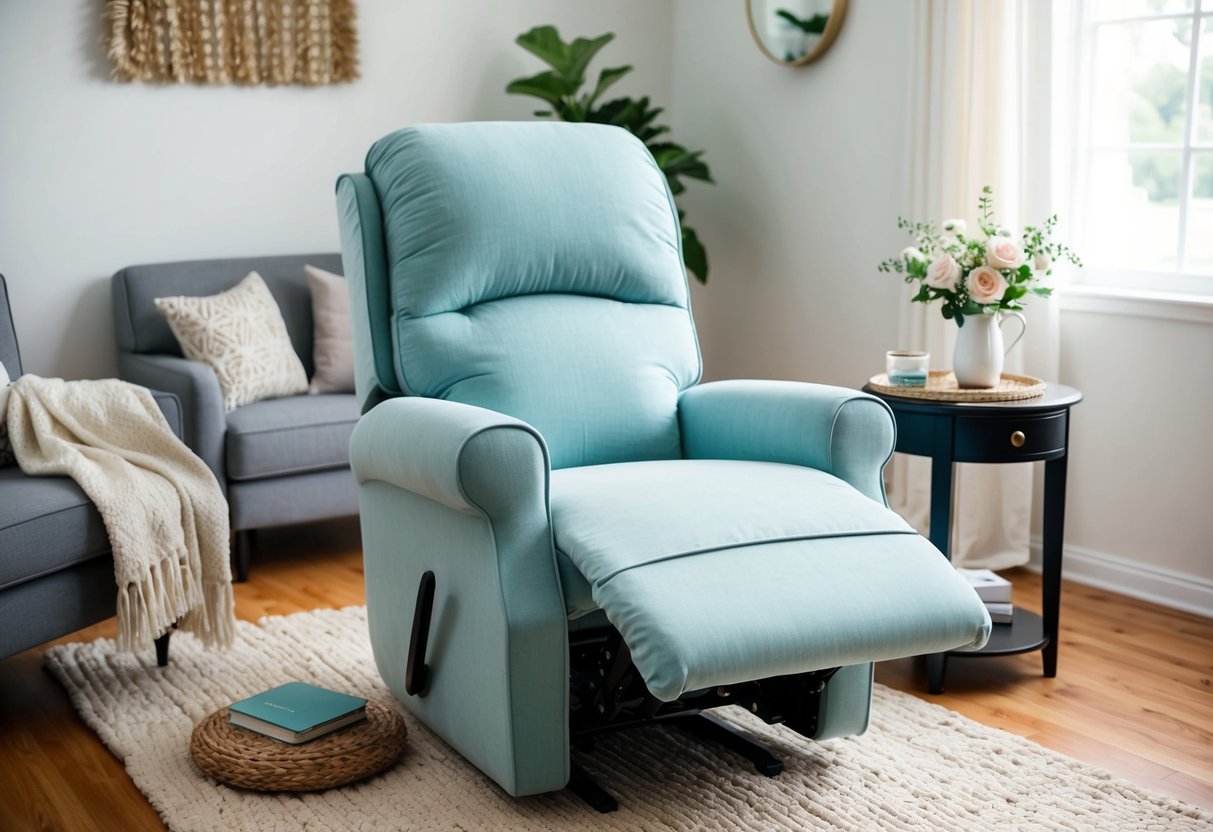 A recliner with a fresh, fitted slipcover, surrounded by a tidy living room with a cozy throw blanket and a side table with a coaster and a vase of flowers