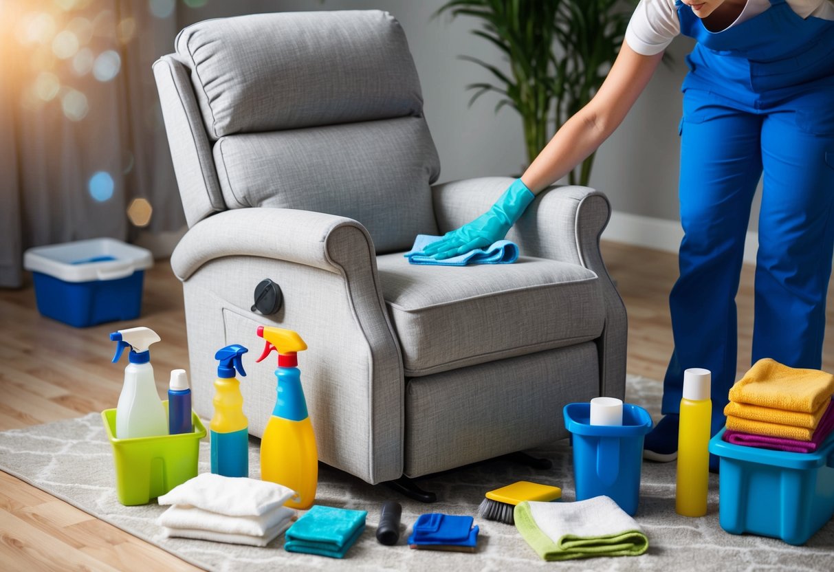 A recliner chair surrounded by various cleaning supplies and tools, with a person gently wiping down the fabric with a soft cloth