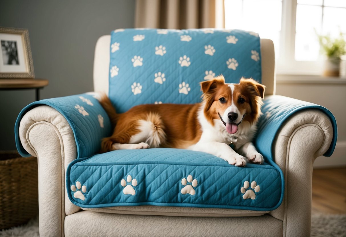 A cozy armchair with a soft, quilted cover adorned with paw prints, and a playful pet comfortably lounging on top