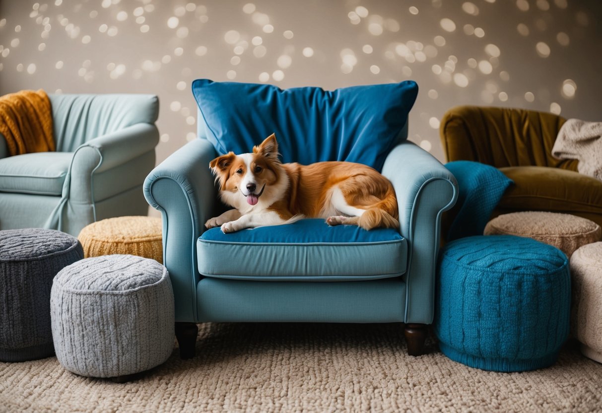 A cozy armchair with a playful pet lying comfortably on top, surrounded by a variety of stylish armchair covers in different colors and textures