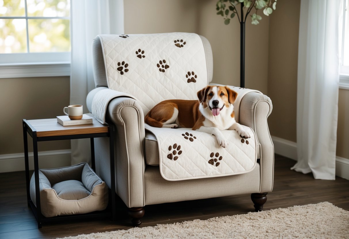 A cozy armchair with a soft, quilted cover adorned with paw prints, a small pet bed nestled beside it, and a happy dog lounging on the chair