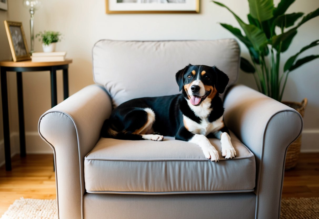 A cozy armchair with a soft, durable cover that is resistant to pet hair and stains. A happy dog lounges comfortably on the chair