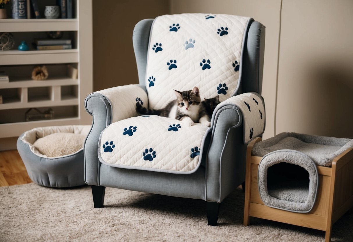 A cozy armchair with a soft, quilted cover adorned with paw prints. A small pet bed sits nearby, and a playful kitten lounges on the chair