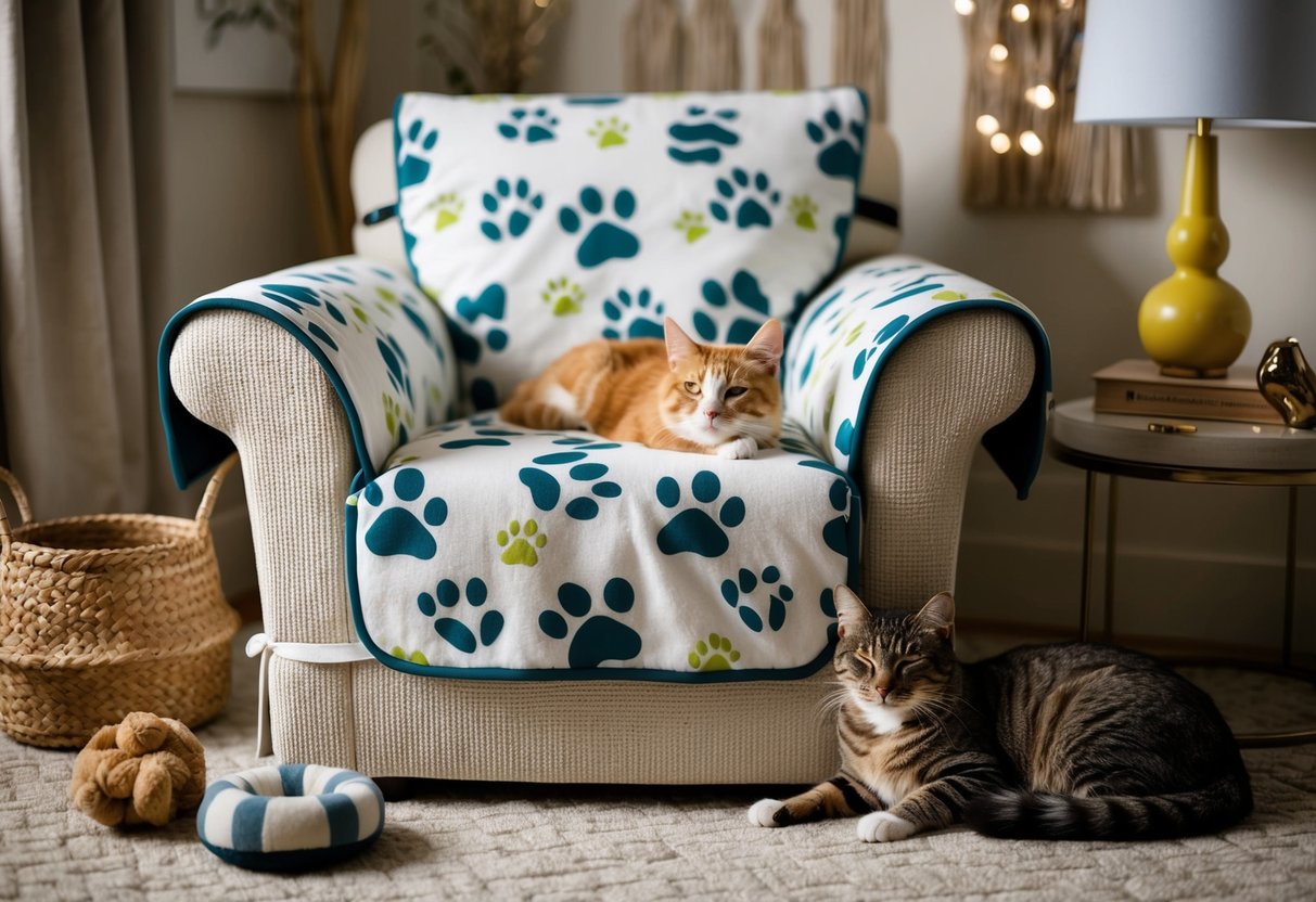 A cozy armchair with a SureFit cover, adorned with playful paw prints and fur-resistant fabric, surrounded by pet toys and a sleeping cat