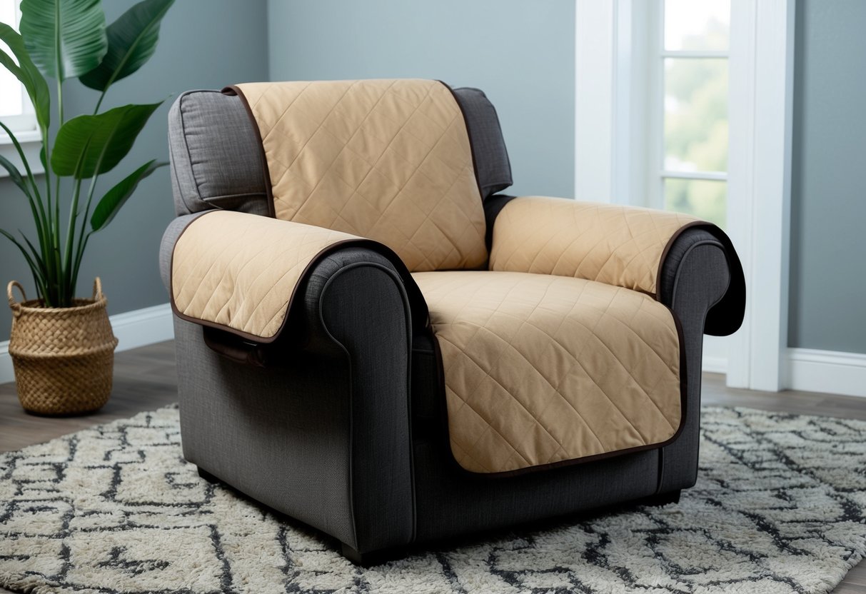 An armchair with a protective cover draped over it, featuring a durable fabric and secure fastenings to prevent pets from damaging the upholstery