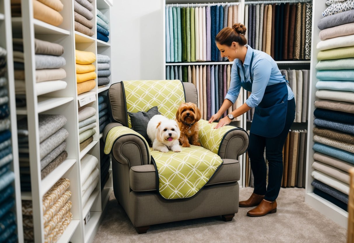 A cozy armchair with a playful pet cover, surrounded by shelves of various fabric options and a helpful salesperson assisting a customer