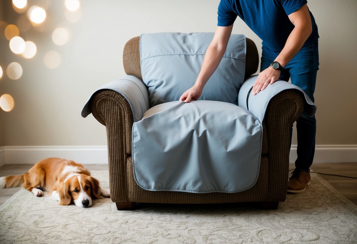 A person places a new armchair cover over their armchair, while a pet lays nearby. The cover is designed to protect the armchair from pet hair and stains