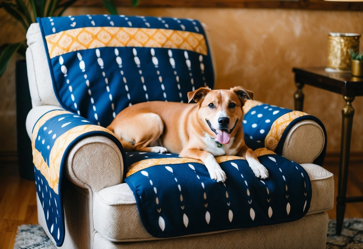 A cozy armchair with a pet cover featuring trendy patterns and colors. A happy pet lounges comfortably on the chair